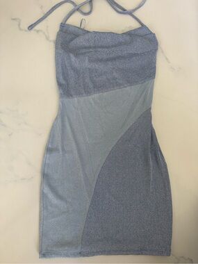 naked wardrobe Light Blue Shimmer Halter Mini Dress